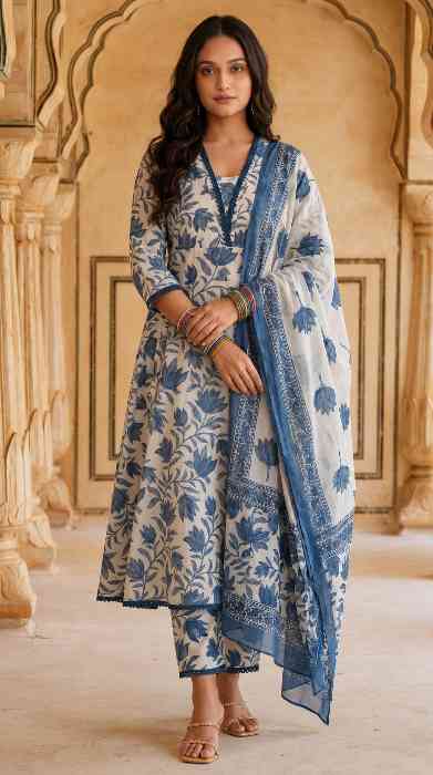 Women's Cotton Blend Off White Floral Printed Kurta with Pant & Dupatta 